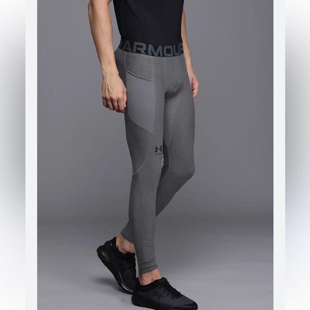 Under Armour Men Charcoal Grey Brand Logo Print HeatGear Armour Training Tights